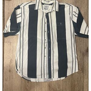 Trader Bay Men’s Short Sleeve Button Up Green and White Striped Large
